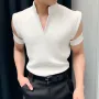 INCERUN Mens Solid Knit Textured Notched Neck T-Shirt Comfortable Stand Collar Short Sleeve Top for Male