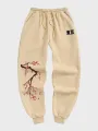 Mens Japanese Cherry Blossoms Print Loose Drawstring Waist Sweatpants
