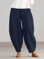 Women Loose 100% Cotton Ankle Length Solid Color Wide Legged Casual Pants