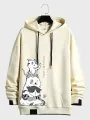 ChArmkpR Mens Hooded Sweatshirts Japanese Cat Print Contrast Patchwork Drawstring Hoodies