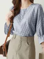 Plaid Ruffle Sleeve Round Neck Casual Blouse