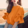 ZANZEA Elegant Style Womens Shirts Blouses Ladylike Crew Neck Ruffled Sleeves Tops Side Bowknot Solid Blouses