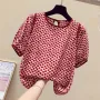 ZANZEA Females Polka Dot Top with Back Tie Lantern Sleeve and Open-Front Design, Womens Crew Neck Blouses Short Sleeve Shirts Plus Size S-5XL
