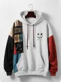 ChArmkpR Mens Ethnic Smile Print Color Block Patchwork Kangaroo Pocket Hoodies
