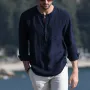 Mens Linen Chest Pocket Causal Loose Long Sleeve Henley Shirt