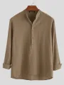INCERUN Mens Solid Stand Collar Cotton Long Sleeve Henley Shirt