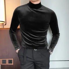INCERUN Men Solid High Neck Velvet Long Sleeve T-Shirt Plus Size