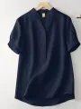 Cotton Solid Button Short Sleeve V Neck Casual Blouse