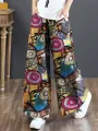 ZANZEA Women Plus Size Flared Wide-Leg Floral Printed Retro Side Pockets Pants