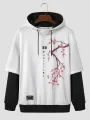 ChArmkpR Mens Hooded Japanese Cherry Blossoms Print Contrast Patchwork Drawstring Hoodies