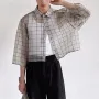 INCERUN Men Shirt Mesh Transparent Plaid Lapel 3/4 Sleeve Short Shirt Fashion Casual Men Clothing Loose Button Camisas