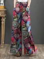 ZANZEA Women Plus Size Flared Wide-Leg Floral Printed Retro Side Pockets Pants