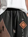 Menst Geometric Japanese Print Patchwork Drawstring Waist Pants