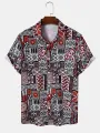 ChArmkpR Mens Shirt Ethnic Geometric Pattern Lapel Collar Short Sleeve Shirts