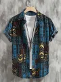 Mens Geometric Ethnic Print Lapel Short Sleeve Shirts