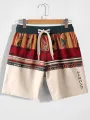 Mens Japanese Geometric Pattern Drawstring Waist Shorts