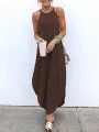 Women Sleeveless Straps High Low Hem Solid Causal Maxi Dress
