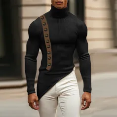 INCERUN Mens Button Patchwork Decorative Textured Long Sleeve Sweater Fashion Slim Fit High-collar Sweater for Male S 5XL
