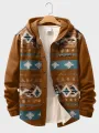 Mens Ethnic Geometric Print Patchwork Button Front Hooded Jacket