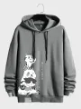 ChArmkpR Mens Hooded Sweatshirts Japanese Cat Print Contrast Patchwork Drawstring Hoodies