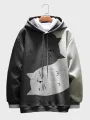 Mens Cartoon Cat Print Patchwork Loose Drawstring Hoodies