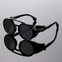 Fashion Punk Retro Polarized Round Sunglasses with Leather Strap Accents UV400 Protection Eyewear Glasses for Outdoor Travel Driving