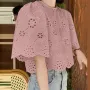 ZANZEA Elegant Style Womens Vintage Casual Cotton Crop Shirts Top Vacation Crew Neck Hollow Embroidery Blouses