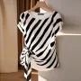 ZANZEA Women Striped Printed T-shirt Fashion Short Sleeve Tee Holiday Summer Holiday Belted Design Casual Simple Tops