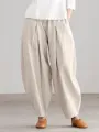 Women Loose 100% Cotton Ankle Length Solid Color Wide Legged Casual Pants