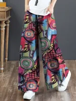 ZANZEA Women Plus Size Flared Wide-Leg Floral Printed Retro Side Pockets Pants