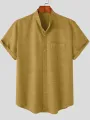 Mens Solid Stand Collar Chest Pocket Short Sleeve Shirt