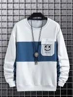 ChArmkpR Mens Smile Face Print Patchwork Crew Neck Pullover Sweatshirts