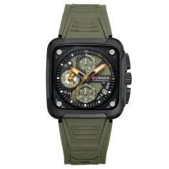 CURREN Men's Fashion Luminous Sports Watches Unique Square Dial with Chronograph Calendar Waterproof Silicone Strap Quartz Wristwatch