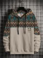 Mens Argyle Pattern Smile Embroidered Patchwork Loose Drawstring Hoodies