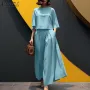 ZANZEA Women Two-piece Outfits 3/4 Sleeve O-Neck Top Elastic Waist Pleated Wide Leg Pants Sets