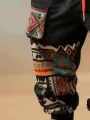 ChArmkpR Mens Pant Smile Ethnic Geometric Print Patchwork Loose Drawstring Trousers