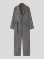 Mens Solid Lapel Button Front Belted Blazer Jumpsuit