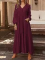 ZANZEA Plus Size Women Long Dress Solid Color V-neck Long Sleeve Causal Maxi Dress