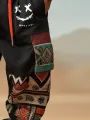 ChArmkpR Mens Pant Smile Ethnic Geometric Print Patchwork Loose Drawstring Trousers