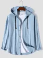 Mens Solid Button Up Long Sleeve Drawstring Hooded Shirts