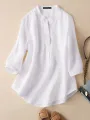Solid Button Pocket High-Low Hem Casual Cotton Blouse