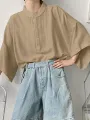 INCERUN Mens Shirt Solid Color Stand Collar Shirt Summer Casual Loose Fit Half Long Sleeve Top Men Clothing Shirts