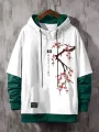 ChArmkpR Mens Hooded Japanese Cherry Blossoms Print Contrast Patchwork Drawstring Hoodies