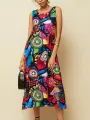 ZANZEA Plus Size Women Long Dress Retro O-neck Abstracted Print Sleeveless Beach Maxi Dress with Pockets