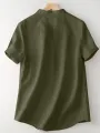 Cotton Solid Button Short Sleeve V Neck Casual Blouse