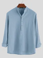 INCERUN Mens Solid Stand Collar Cotton Long Sleeve Henley Shirt