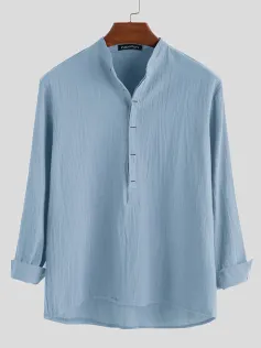 INCERUN Mens Solid Stand Collar Cotton Long Sleeve Henley Shirt