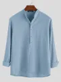 INCERUN Mens Solid Stand Collar Cotton Long Sleeve Henley Shirt