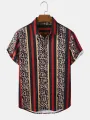 ChArmkpR Mens Leopard & Striped Patchwork Lapel Vacation Short Sleeve Shirts