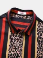 ChArmkpR Mens Leopard & Striped Patchwork Lapel Vacation Short Sleeve Shirts